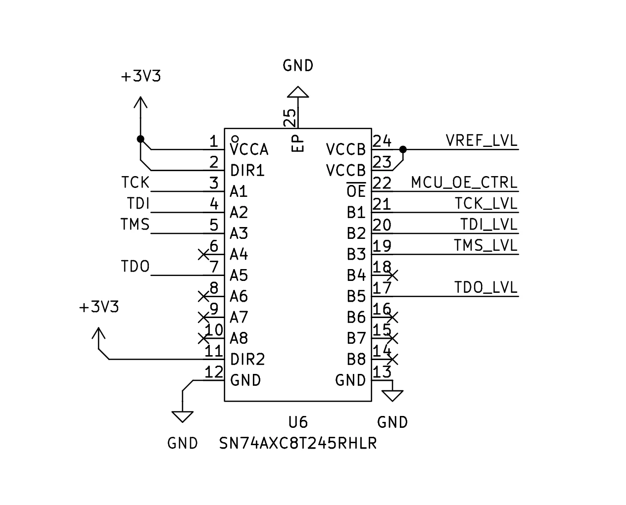 SN74AXC8T245 wiring. The two direction groups allow outgoing JTAG signals and returning TDO to share one translator.