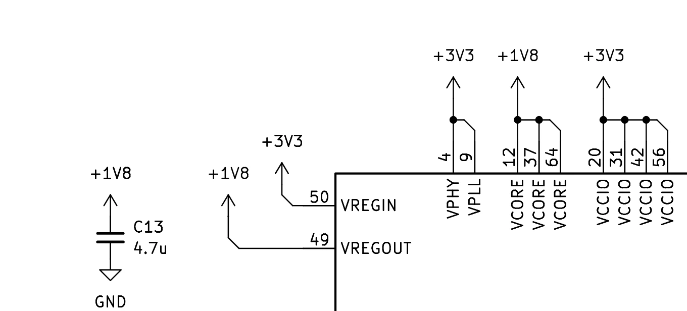 FT4232H regulator connections. VREGIN is supplied from 3.3 V and VREGOUT provides the 1.8 V core rail.