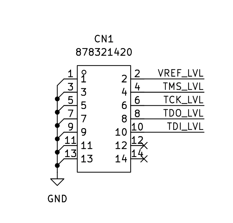 Target connector. POM-TAG carries four-wire JTAG and VTREF; the remaining signal positions are not used.