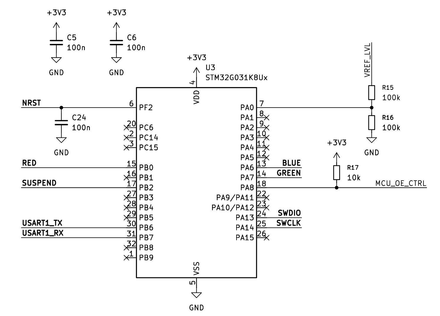 STM32 supervision. PA0 senses divided VTREF; MCU_OE_CTRL drives the translator enable; PB6/PB7 provide the status UART.