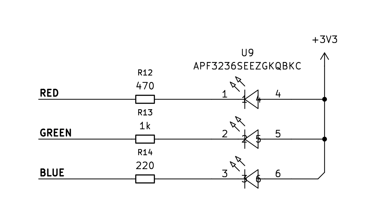 Common-anode RGB LED. The three channels use independent current-limiting resistors.